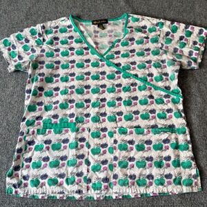 Apple Bottoms Womens XL Scrub Top Mock Wrap V-Neck Apple Logo Print Green Purple